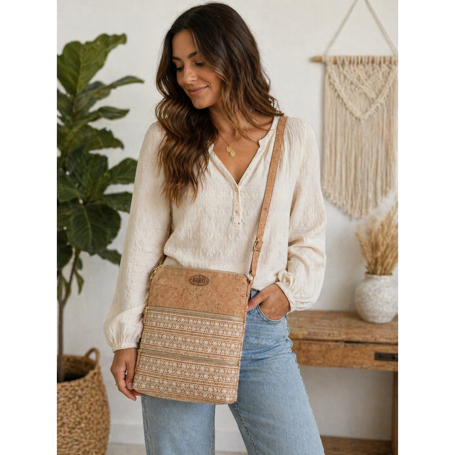 Cork shoulder bagbag double zip large white